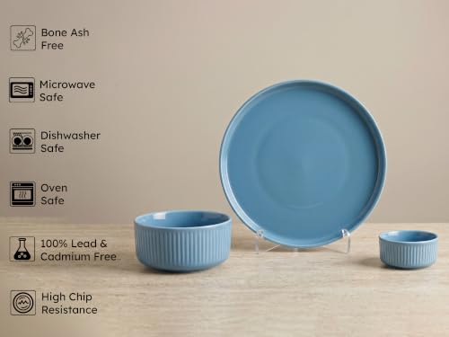 Image of Bodhi House 14-Piece Ribbed Porcelain Dinner Set for 6 | 6 Dinner Plates, 6 Katori & 2 Serving Bowls, Lightweight Microwave & Dishwasher Safe Set for Home & Gifting, True Blue