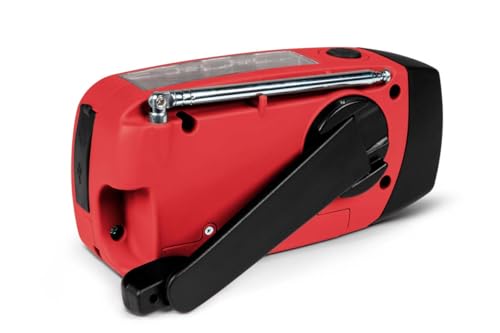 Radio FM Solaire Portable RT260,eclairage LED, Bouton SOS Alarme,Dynamo pour Recharge Manuelle, Recharge USB Batterie 2000 mAh, Charge d'appoint Smartphone (Rouge)