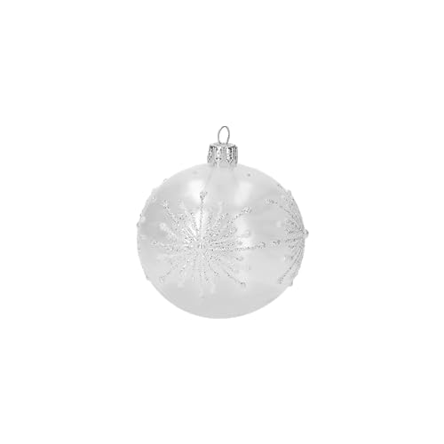 Keyhomestore - 4er Set Christbaumkugeln aus Glas in weiß und silberner Schneeflocke Dekoration für den Innenbereich, Durchmesser 8 cm