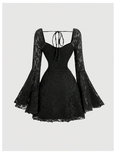 Image of WDIRARA Women's Floral Jacquard Gothic Bell Long Sleeve Dress | Mesh , A Line, Vintage
