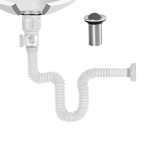 Sifón Lavabo Extensible de 300-1000 Mm con Flexible Kits Desague Fregadero Sifon Cocina Fregadero Kits Desague Lavabo Drenaje Flexible y Filtro Desplegable para Baño Cocina Sifón Fregadero (Blanco)