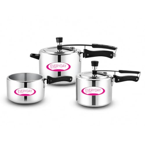 Image of Everyday Stainless Steel Pressure Cooker Combo Set (2L + 3L + 5L) | 2 Litres & 3 Litres Cooker with a Common Lid | Mirror Finish | Inner Lid Design | Gas & Induction Compatible