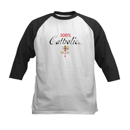 CafePress 100% Catholic Kids Baseball Jersey Kids Cotton Baseball Jersey, 3/4 Raglan Sleeve Shirt Black/White