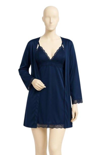 Women Soft Satin Robe Lounge Set Above Knee Sleeveless Pattern with Adjustable Tie Up Detail Navy Blue XL-image-26