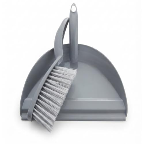 Dustpan & Brush Set Durable Bristles Easy to Sweep Grey Colour Dustpan Grey Rubber Lip Dense Bristles Ergonomic Handle Big Pan Nesting Storage (Pack of 1)