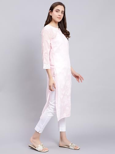 Image of Seva Chikan Hand Embroidered Lucknowi Chikankari Terivoil Cotton Regular Fit Straight Kurta for Women SCL4351