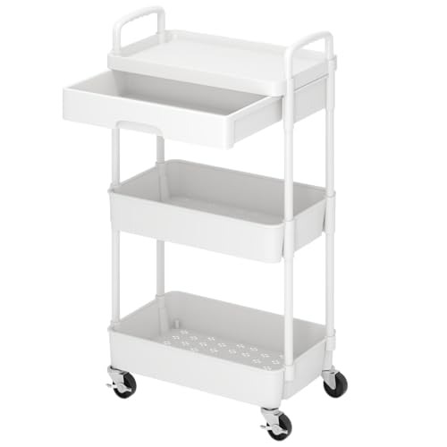 Image of Dttwacoyh 3-Tier Rolling Cart，Trolley with Drawer, Multifunctional Storage Organizer with Plastic Shelf & Metal Wheels, Kitchen Storage Cart for Living Room, Kitchen, Office, Bathroom, White