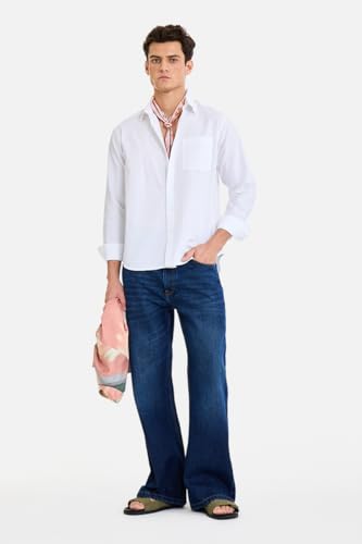 Image of SNITCH Men Flared Fit Jeans | Mid Rise Stone-Washed Denim with Raw Frayed Hem & 5-Pocket Design | 100% Cotton Woven Fabric for Casual & Everyday Wear