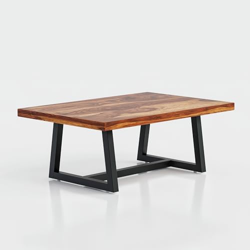 Image of Modern Coffee Table with Open Storage Shelf - Minimalist Rectangular Center Table With Black metal fram for Living Room, Office, and Lounge - Durable Engineered Wood, Easy Assemblyr (Black & Brown)