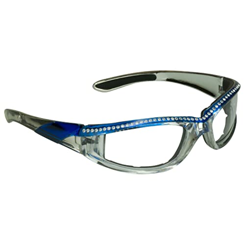 Bikershades Chrome Frame Anti Glare Mirrored Motorcycle Sunglasses with Rhinestones Foam Padded for Women (Clear Blue)