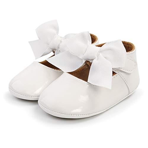 Image of Baby Girls Mary Jane Flats with Bowknot Flowers Princess Wedding Dress Ballet Shoes Non-Slip Toddler First Walkers Newborn Crib Shoes