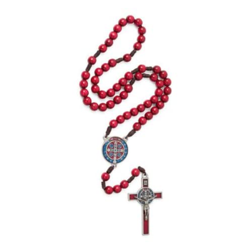 Terço Madeira Vermelho Cordão 10mm Sao Bento Cruz Metal RES COLOR