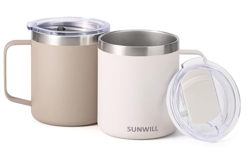 Image of SUNWILL Travel Coffee Mug Set of 2, Insulated Tumbler with Lid, 14oz Stainless Steel Cup with Handle for Camping, Office, Home, Powder Coated Cream & Taupe