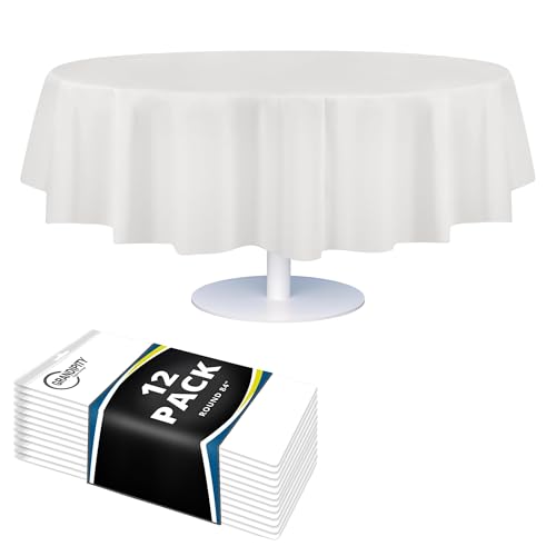 Image of Grandipity Brand Round White Plastic 84 inch Disposable Tablecloth (12 Pack), Party & Event Decorative Cover | Plastic table covers, durable disposable tablecloths, fade and tear-resistent table cover for party, event