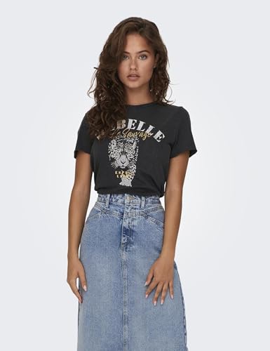 Image of Only Women's ONLLUCY Life REG S /S Western TOP Box JRS T-Shirt, Black /Print: