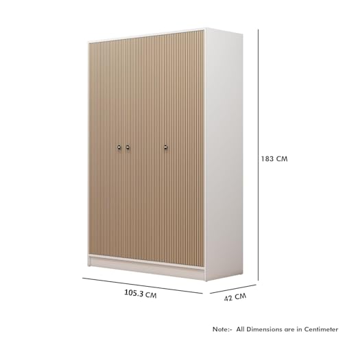 Image of Bniture Luxe 3 Door Wardrobe for Bedroom with Lockable Drawer & Hanging Space | Almirah for Clothes with Vertical Slatted Panels, Spacious Storage Cupboard with 7 Shelves | Frosty White & Giant Wood