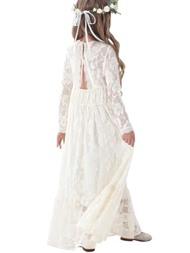 ALLOVIN Robe Maxi en Dentelle à Manches Longues pour Tout-Petits et Filles – Robe A-Line Bohème pour Mariage, Baptême, Première Communion | Ivoire | 10-11 Ans
