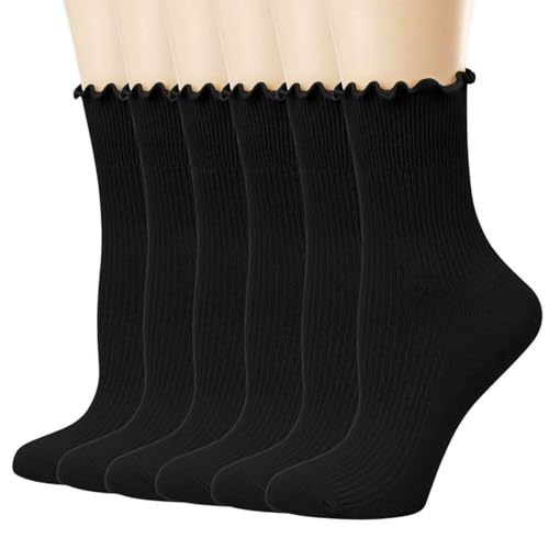 Image of 6 Pairs Women's Scalloped Cotton Socks Frilly and Ruffle Socks Breathable Soft Crew Socks