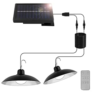Lampe Solaire Extérieur Suspendue, T-SUNUS Suspension solaire à double tête vec Télécommande 3 Luminosité Mode IP44 étanche avec câble de 3M pour Jardin Porte Garage