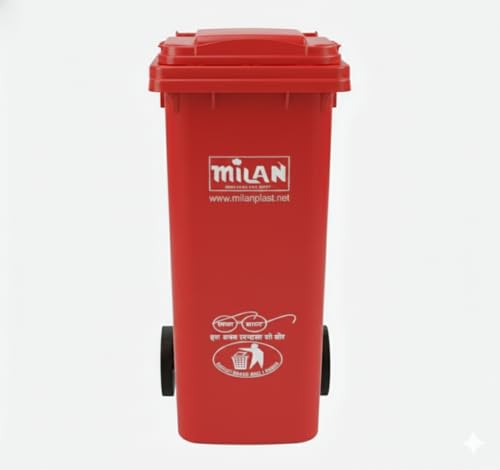 Image of Milan Plastic Manual-Lift Garbage Waste Dustbin with Wheels 100 Ltr Red