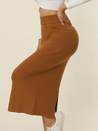 Seta T Women's Ribbed Knit Skirt Elastic Waist Slit Hem Stretchy Bodycon Skirts2