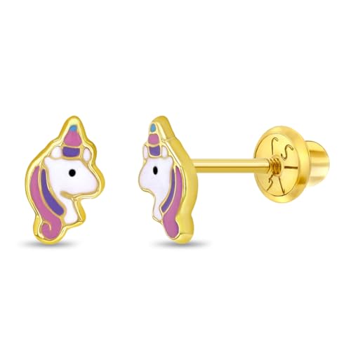 14k Yellow Gold Pastel Enamel Unicorn Screw Back Earrings for Toddler Girls - Pretty Multicolored Jewelry For Little Girls Dress Up Games - Magical Unicorn Screw Back Earrings for Girls