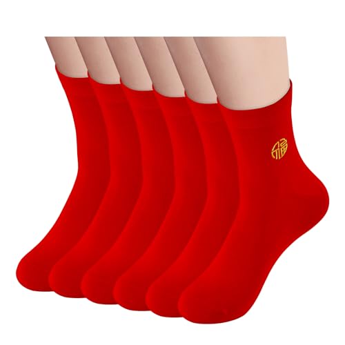 AMZZTCQ Women's Red Socks Crew Sports Casual Comfortable Calf Socks, Chinese New Year,Size 5-9, 6 Pairs of Red Embroidery ?(Fu)