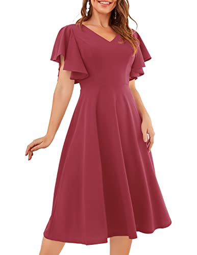 Bridesmay Flared Sleeve Semi Formal Dresses for Women Bridal Shower Dress Tea Length Graduation Cocktail Tea Dress Raspberry XL
