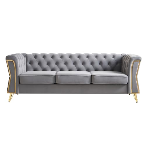 Image of KEIKI 87 inch Chesterfield Velvet Button Tufted Sofa with High Density Foam Cushions, Modern Style 3-Seater Couch with Gold Strip Trim Decoration, Easy Assembly, for Apartment, Living Room, Office, Grey