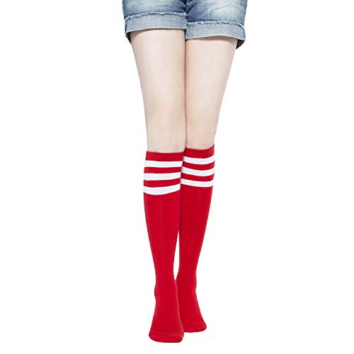 YEJIMONG Women's Cotton Knee High Socks, Red with Stripe, School Uniform Team Sports Tube Socks Size 5-9 (Red Stripe - 1 Pairs)