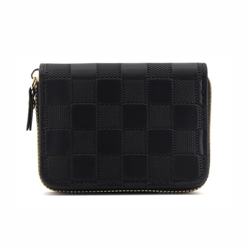 Checkered Credit Card Holder Wallet Zipper PU Leather Case Purse Small Card Case for Women or Men Small Compact Accordion Wallet with Zipper One-Piece (IVORY BLACK)