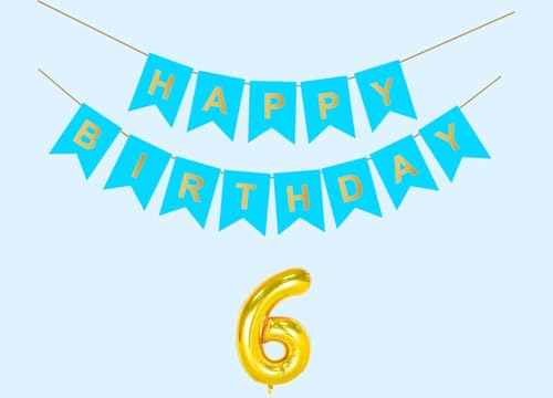 Image of Mystic Toy Store 6th Sky Blue Happy Birthday Decoration Kit for 6 year Old Boys Girls Kids with Number Six Party Decorations Decor Celebration Items Item Set Combo Reusable Paper Banner