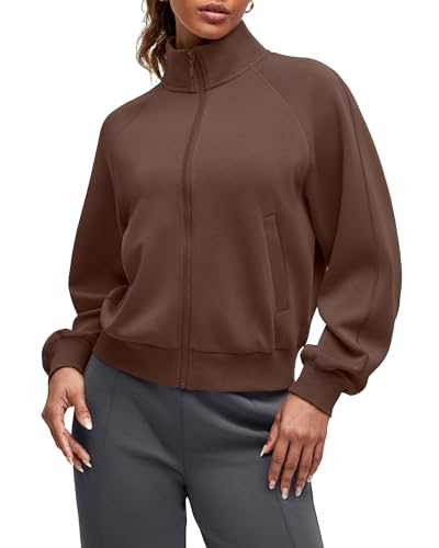 G4Free Zipper Jacket Women Mock Neck Raglan Sleeve Loose Fit