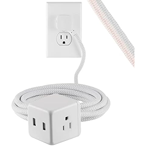 Cordinate Cube Extension Cord, 10Ft, 3-Outlet Flat Plug Extension Cord, Cube Extension Cord with Multiple Outlets, 3 Prong Cube Extension Cord, 2 USB Ports Braided Extension Cord, Gray/White, 55356 Cover