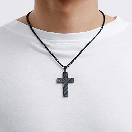 Duodiner Black Cross Necklace For Men Boys Pendant Chain Stainless Steel American Flag Joshua 1:9 Baptism Religious Christian First Communion Confirmation Jewelry Gifts #TOP1