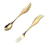 Angoily Edelstahl Besteckset Flügel Design Löffel und Gabel Satz Leichtes Langlebiges Geschirr für Dessert Kaffee und Reisen