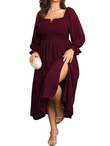 SCOMCHIC Womens Plus Size Maxi Dress Long Sleeve Square Neck Smocked Wedding Guest Flowy Split Fall Dresses with Pockets