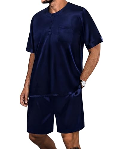 SWOMOG Men Satin Pajamas Set Short Sleeve Silk Sleepwear Button Down 2 Piece Loungewear with Pockets Deep Navy Blue 3X-Large