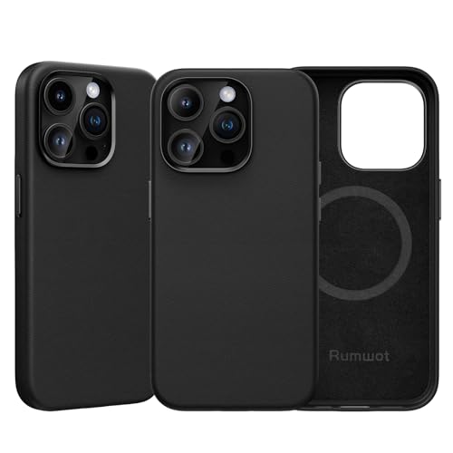 Rumwot Genuine Leather Case for iPhone 14 Pro Max | Full Grain Leather| Compatible with MagSafe and Wireless Charging | Metal Buttons Camera Bezel | Slim Fit-Drop and Scratch Resistant (Black)