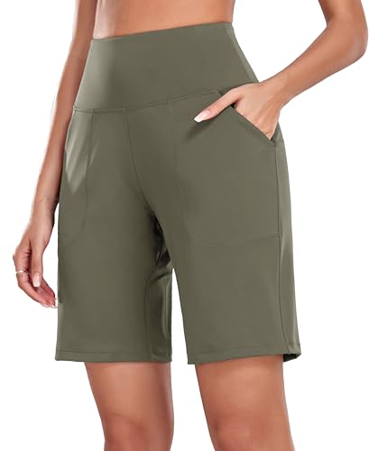 Oalka Women's High Waisted Shorts Workout 10" Bermuda Shorts Pine Green M