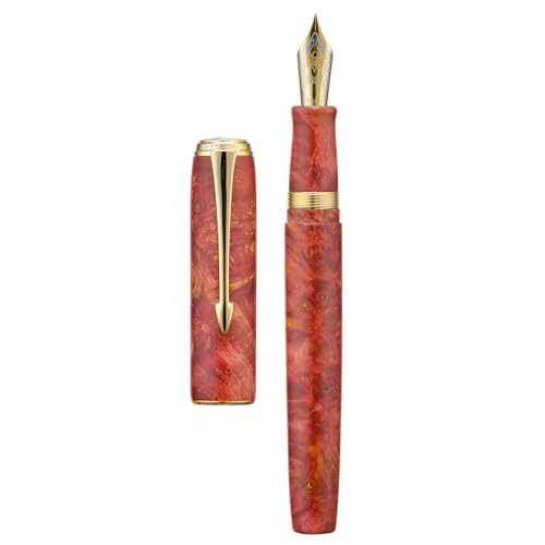 Hong Dian A7 - Pluma estilográfica de madera estabilizada, pluma artesanal de tallado de nudo chino de punta fina con convertidor y juego de caja de metal (Rojo Coral)