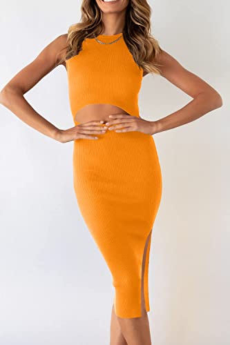 Image of PRETTYGARDEN Women's Summer Midi Bodycon Dresses Casual Crew Neck Side Slit Sleeveless Knit Cut Out Tank Top Dress
