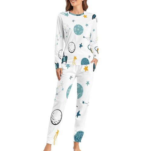 Pyjama femme planètes fusées fini le froid la nuit avec ce t-shirt manches longues et pantalon