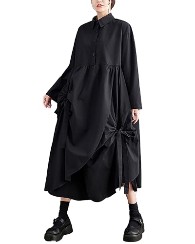 Image of Women's Shirt Dress Lapel Button Down Long Sleeve Flowy Hem Solid Color Patchwork Loose Oversize GZ278