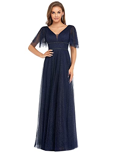 Ever-Pretty Women's V Neck Sparkle Bodice Tulle Long Ball Gowns Navy US4