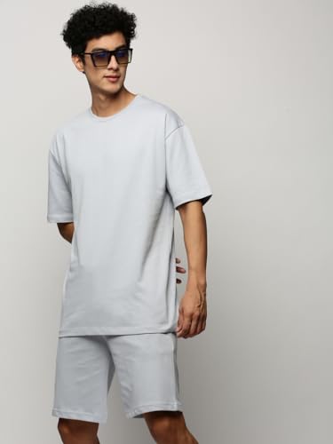 Image of SHOWOFFFF Men Solid Two-Piece Co Ords | Round Neck Half Sleeves Cotton Co Ords for Mens | Mid-Rise Regular Fit Above Knee Co Ords for Men's