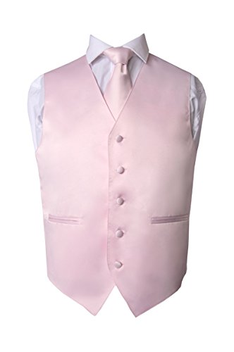 Men's Premium Solid Vest - NeckTie – Bow Tie - Pocket Square 4 Piece Set for Suits & Tuxedos (Pink, 2XL)