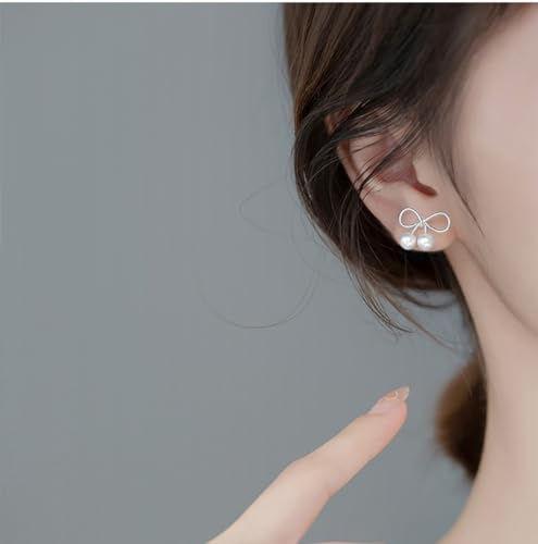 Reffeer Solid 925 Sterling Silver Bow Stud Earrings Ribbon for Women Teen Girls Bowknot Stud Earrings Pearls3