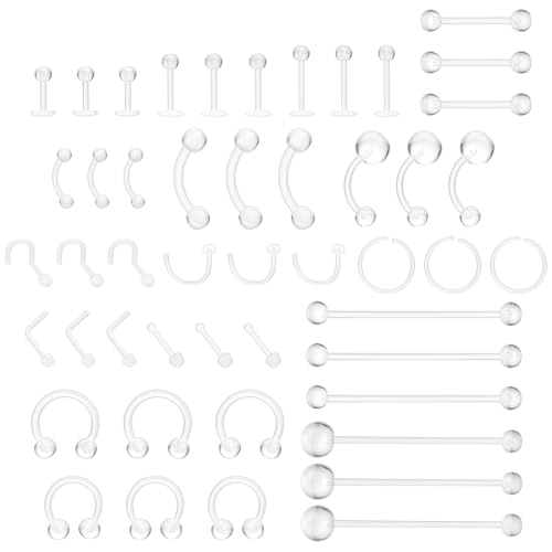 Yolev 48 Stück Plastik Piercing Platzhalter Schmuck für OP, Klare Acryl Piercing Retainers für Nase Zunge Brustwarze Nippel Bauch Lippen Labret Septum Hoops Ohr Knorpel