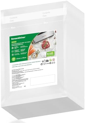 Bonsenkitchen Vakuumierbeutel 15x25cm, 100 Beutel Profi-Folienbeutel | Für Alle Vakuumiergerät, Vakuumbeutel für Lebensmittel, Sous Vide Gefrierbeutel, Einschweissbeutel, BPA-Frei，